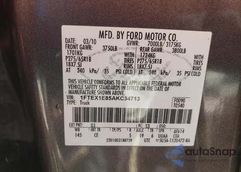 2010 Ford F150 Super Cab из США, поврежденный, VIN 1FTEX1E85AKC34713